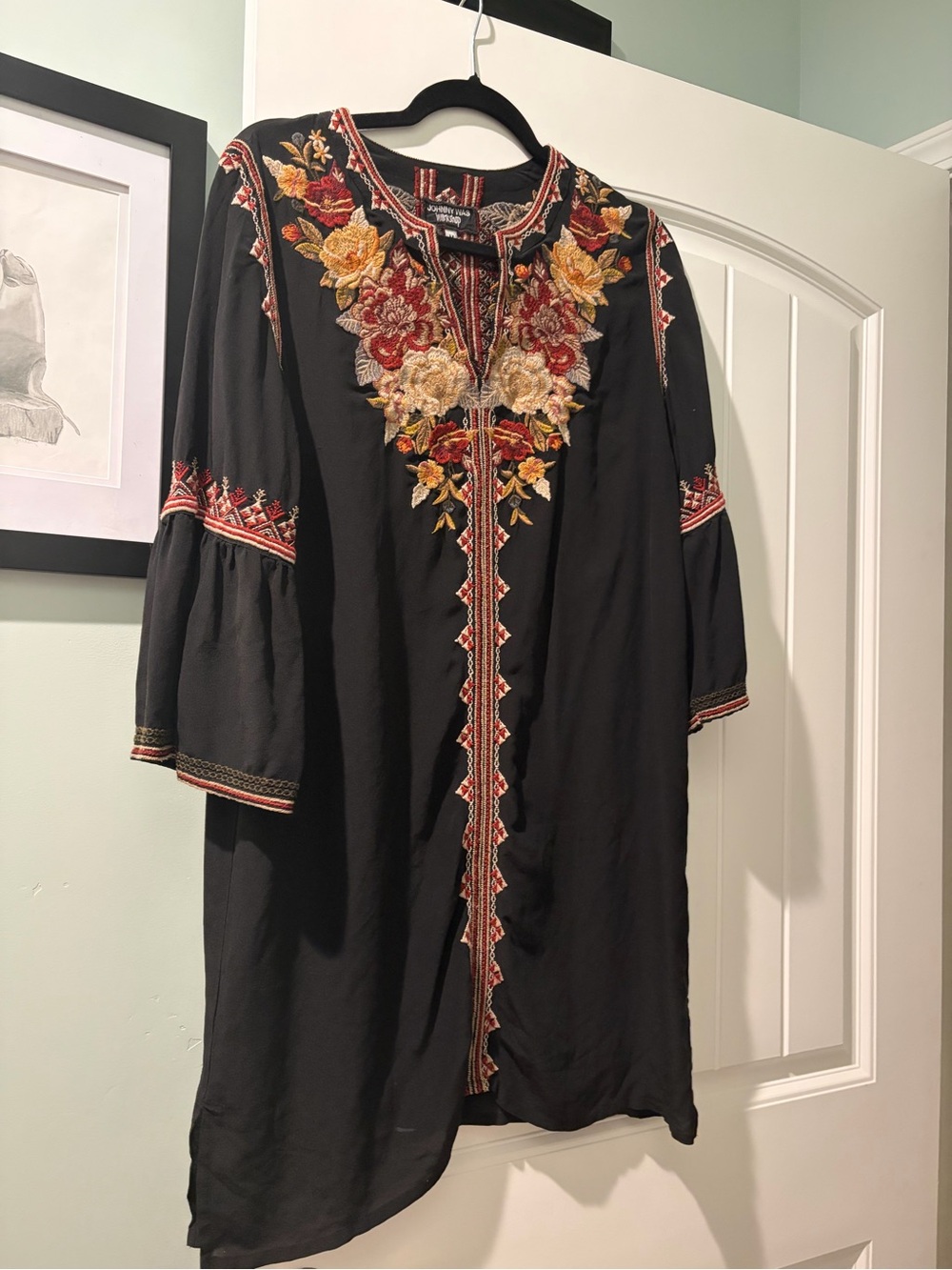 Johnny Was Black Embroidered Long Sleeve Tunic Dress with Floral Accents